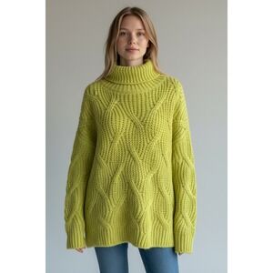 Vintage American Eagle Oversized‎ XL Lime Green Cable Knit Turtleneck Sweater